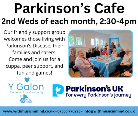 Parkinson's Cafe, 2nd Wednesday of each month, 2:30-4pm. Our friendly support group welcomes those living with Parkinson's Disease, their families and carers. Come and join us for a cuppa, peer support, and fun and games!