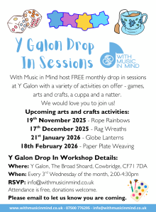 Upcoming arts and crafts activities:
19th November 2025 - Rope Rainbows
17th December 2025 - Rag Wreaths
21st January 2026 - Globe Lanterns
18th February 2026 - Paper Plate Weaving