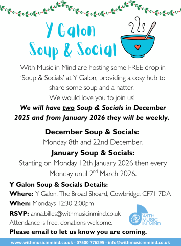 Soup & Socials at Y Galon Dec 2025-2nd March 2026